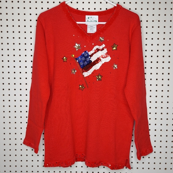 The Quacker Factory Sweater Small Red Patriotic USA Sequin Flag V-Neck Stars - Picture 10 of 11